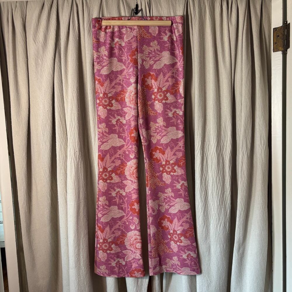Miss Selfridge Metallic Floral Bell Bottom Flare Pants Purple Pink US 12 Stretch